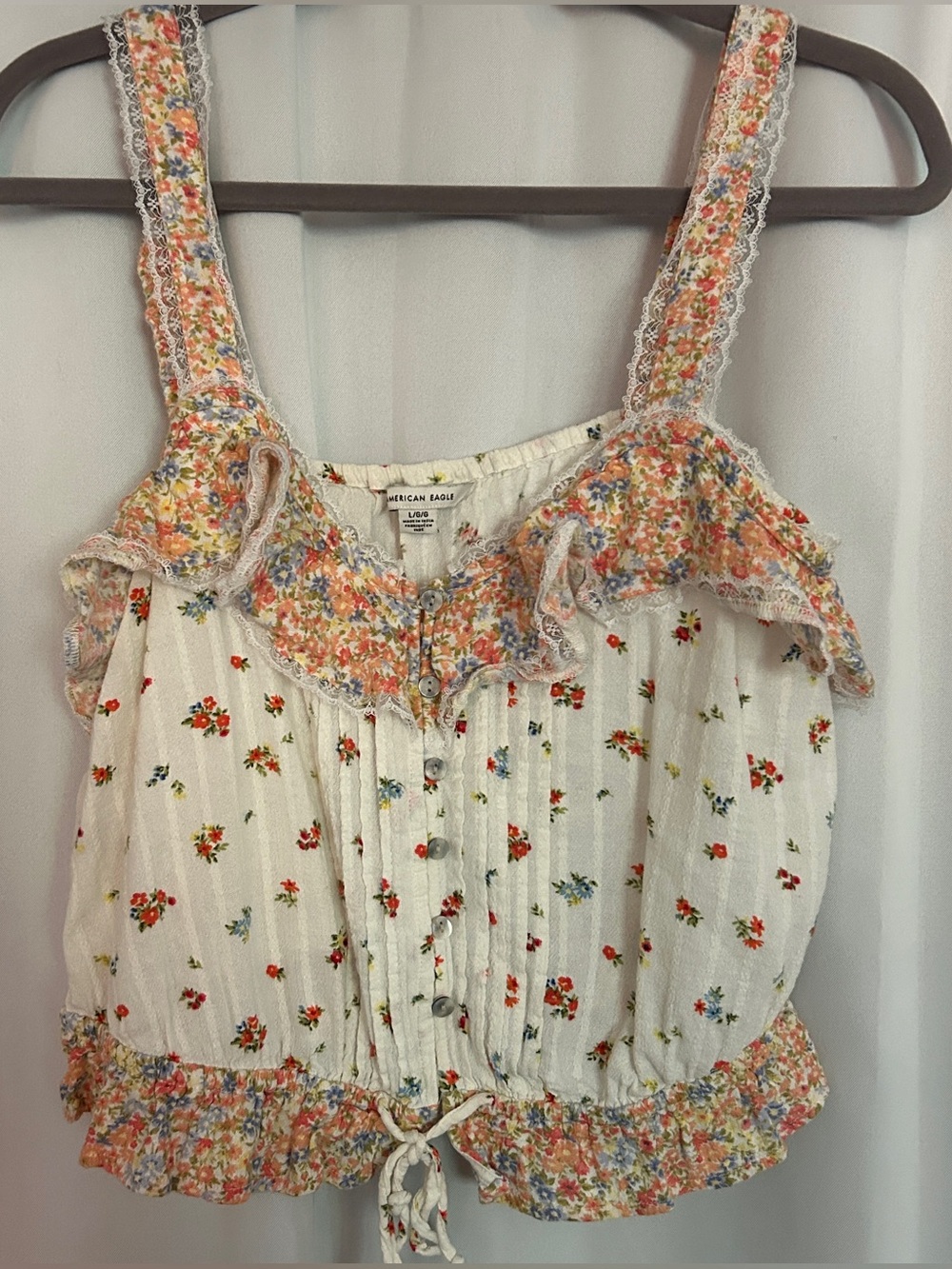 American Eagle Floral Ruffled Sleeveless Crop Top Drawstring Size Large